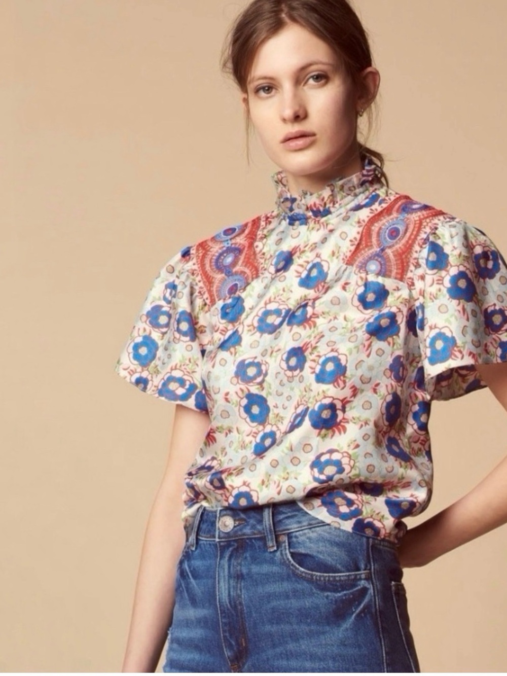 Sandro Paris Elodi Silk Embroidered Shoulder Floral Short Sleeve Top Size Small